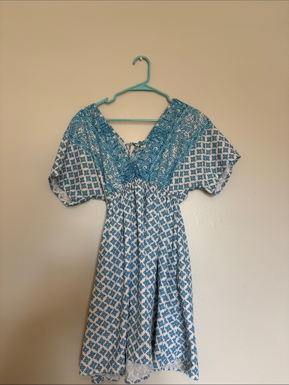 Blue Patterned V-Neck Midi Dress